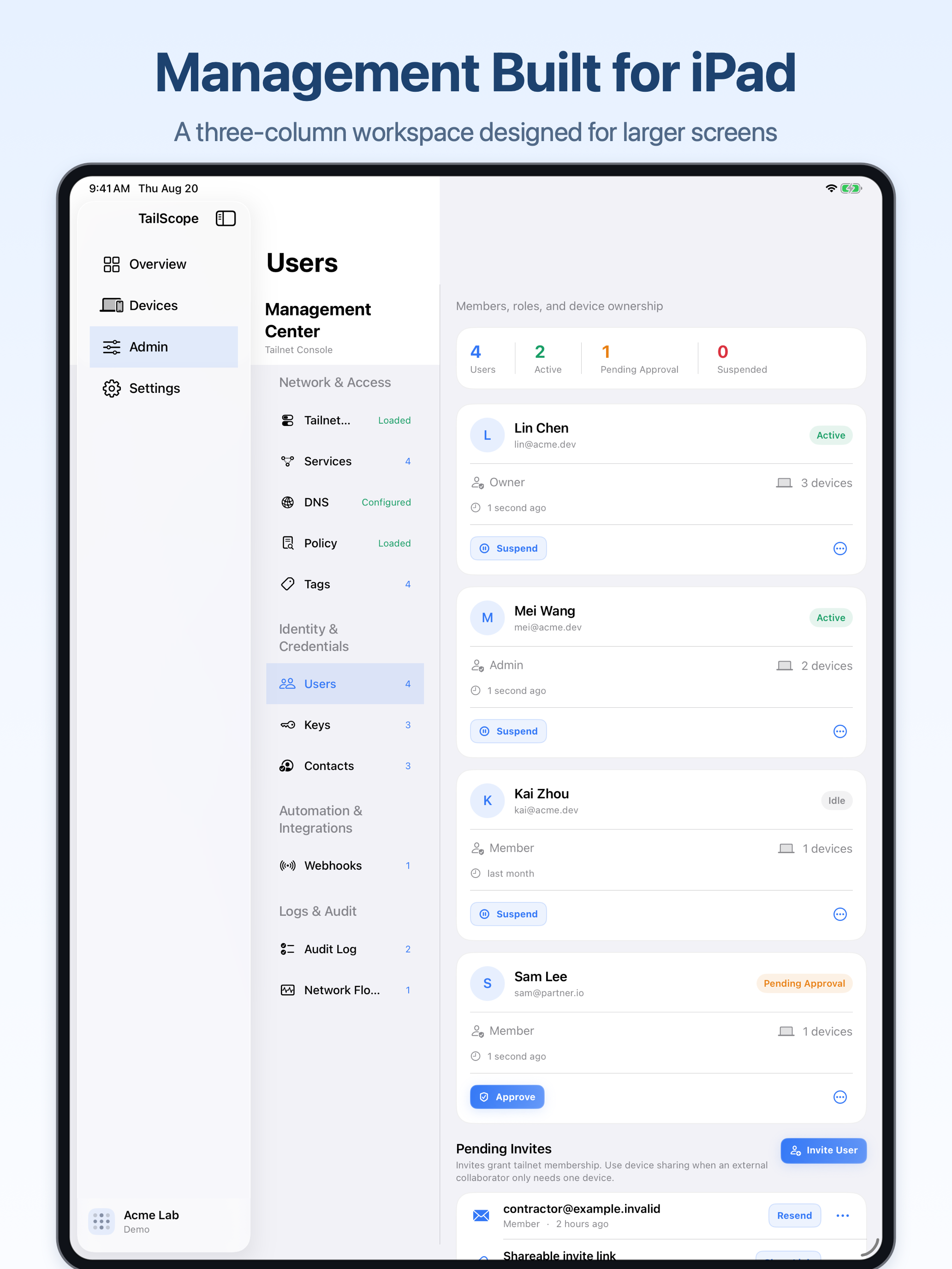 TailScope iPad administration center with three-column navigation and user management