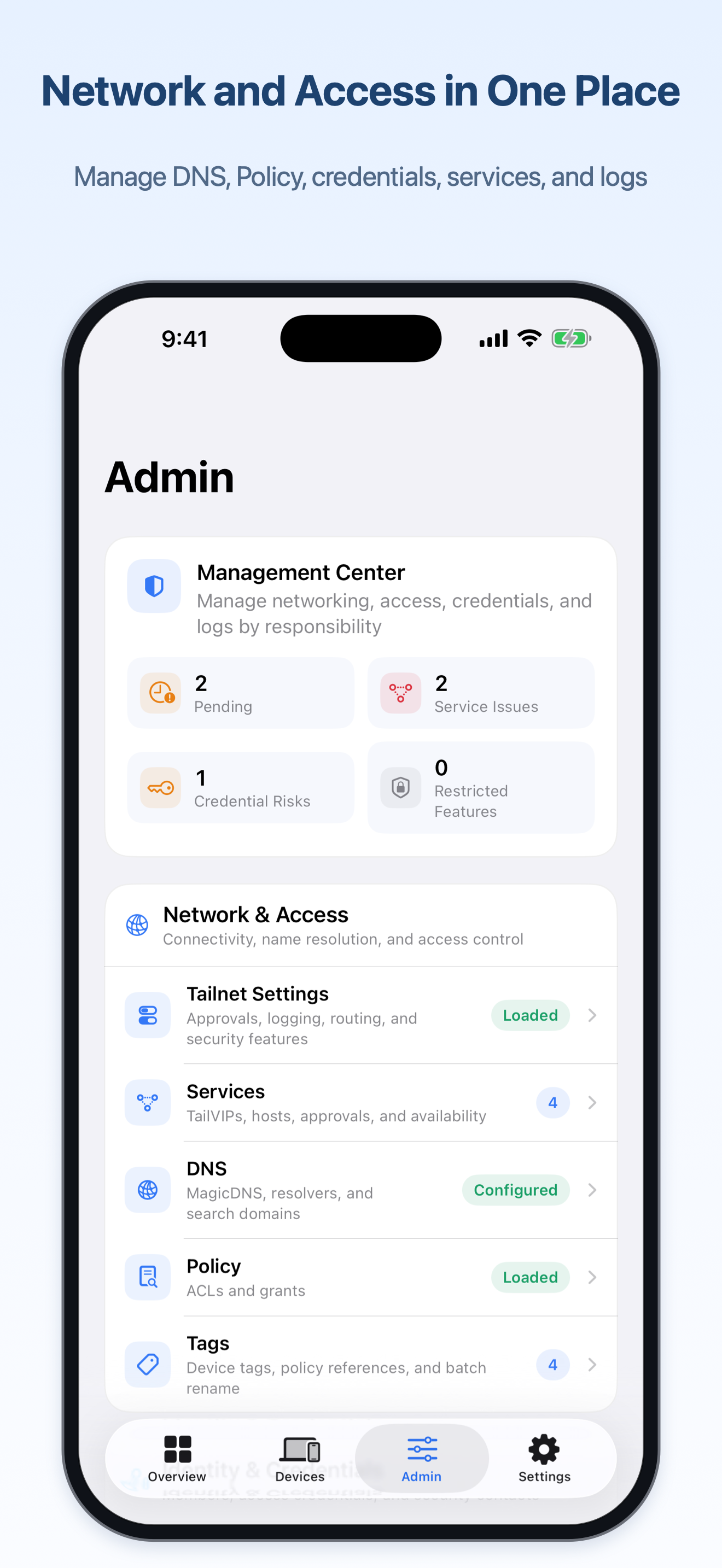 TailScope iPhone administration center with network, identity, and audit modules