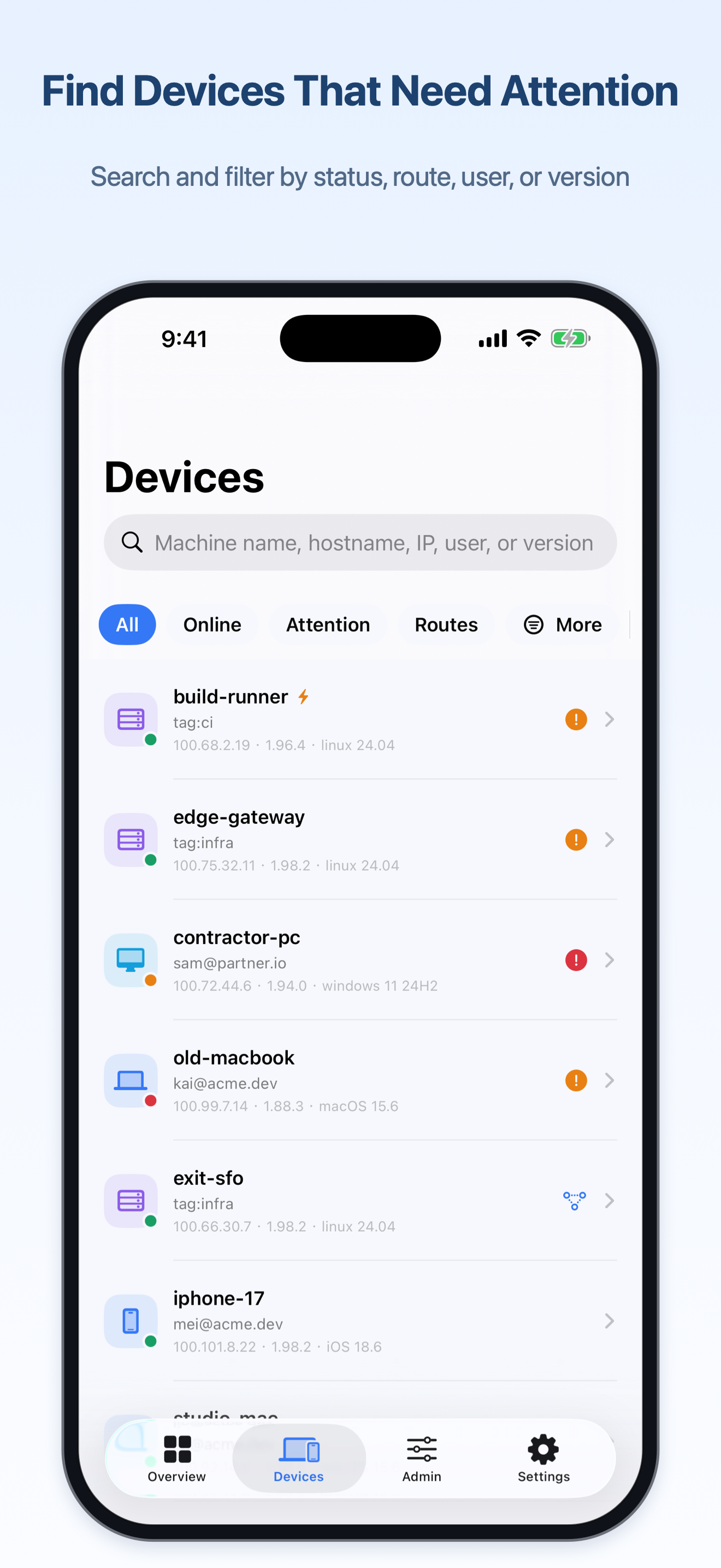 TailScope iPhone device list with search, filters, and device health