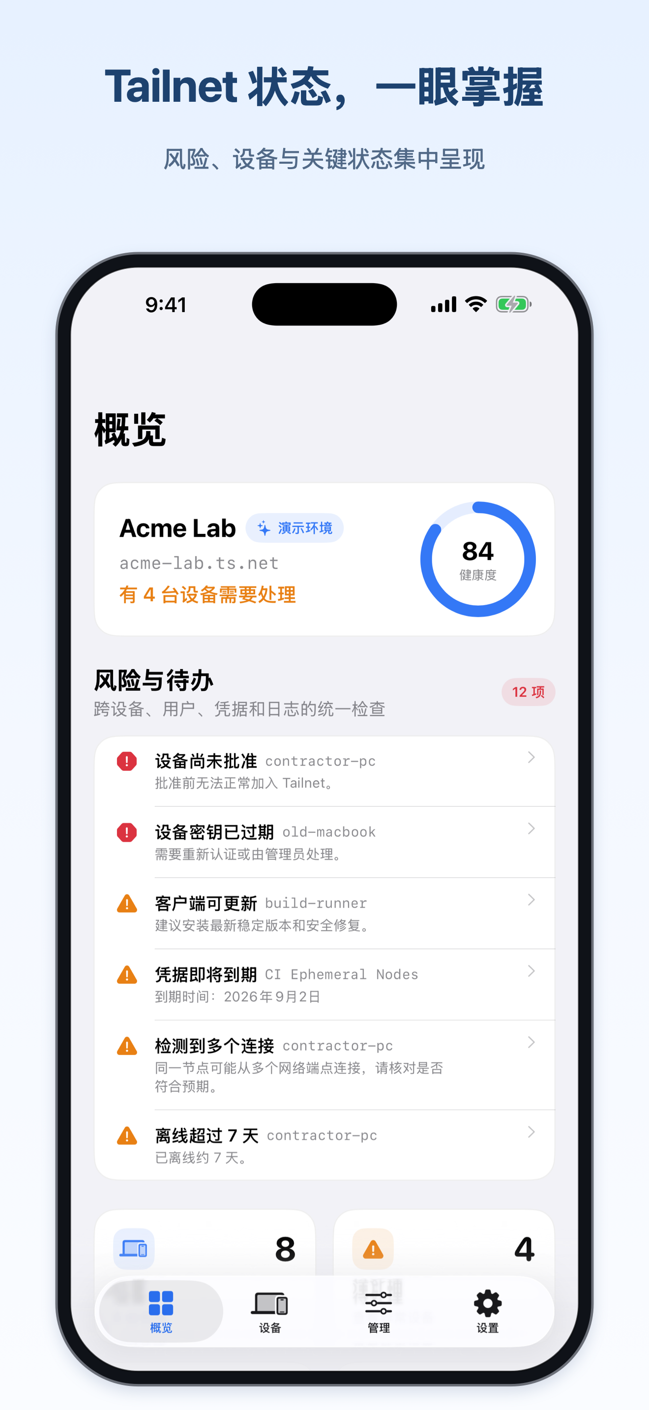 TailScope 中文 iPhone 概览,展示 Tailnet 健康度、风险、设备和密钥状态